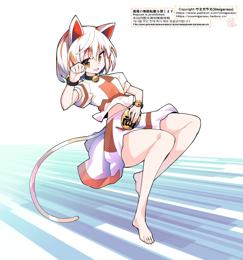 1girl animal_ears bangs bare_legs barefoot bell calico cat_ears cat_girl cat_tail coin crop_top full_body gesture gold goutokuji_mike highres jingle_bell koban_(gold) maneki-neko medium_skirt midriff multicolored_clothes multicolored_hair multicolored_shirt multicolored_skirt multicolored_tail navel neck_bell patches paw_pose short_hair skirt solo streaked_hair tail touhou umigarasu_(kitsune1963) white_hair yellow_eyes