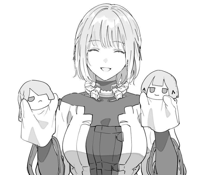 1girl ak-15_(girls'_frontline) bangs braid breasts closed_eyes dm_owr girls'_frontline greyscale hand_puppet highres large_breasts monochrome open_mouth puppet rpk-16_(girls'_frontline) short_hair side_braid simple_background smile solo upper_body white_background