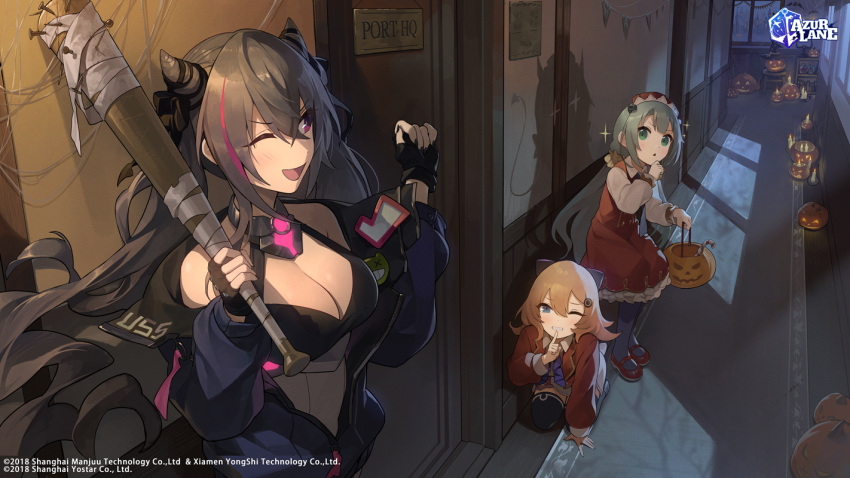 3girls ;d abercrombie_(azur_lane) azur_lane bandages baseball_bat black_gloves black_legwear black_ribbon blonde_hair blue_eyes blue_jacket blush breasts brown_hair bsue candle cleavage commentary different_shadow door dress english_commentary eyebrows_visible_through_hair finger_to_mouth fingerless_gloves gloves glowworm_(azur_lane) green_eyes grey_hair grin hair_between_eyes hair_cones hair_ribbon halloween hallway halter_top halterneck holding holding_baseball_bat indoors jack-o'-lantern jacket kneeling logo long_hair long_sleeves mary_janes medium_breasts medium_hair moonlight multicolored_hair multiple_girls nail nail_bat night off_shoulder official_art one_eye_closed open_clothes open_jacket open_mouth pantyhose parted_lips partially_unzipped pink_hair purple_eyes red_dress red_footwear red_jacket ribbon san_francisco_(azur_lane) second-party_source shadow shirt shoes shushing smile sparkle standing streaked_hair teeth triangle_mouth twintails two-tone_hair watermark white_shirt window