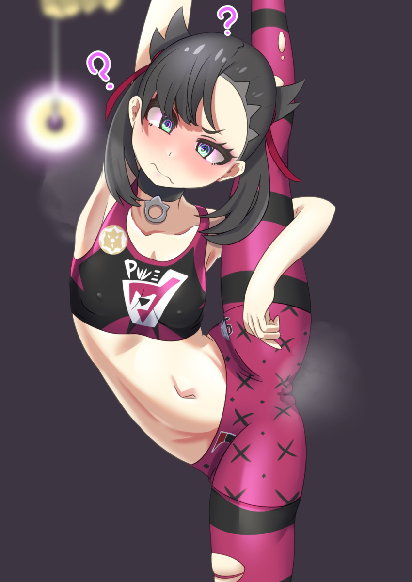 1girl ? @_@ ass bangs black_hair blue_eyes blush breasts cameltoe choker covered_nipples highres hypno hypnosis marnie_(pokemon) midriff mind_control navel pants pokemon pokemon_(creature) pokemon_(game) pokemon_swsh pussy_juice_stain rivers_iidx solo split standing standing_on_one_leg standing_split twintails yoga_pants