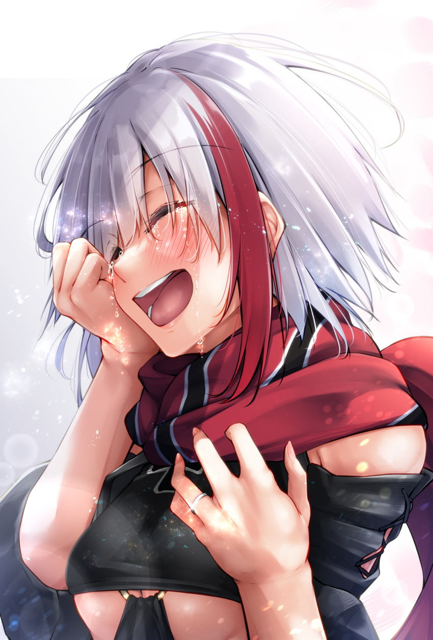 1girl admiral_graf_spee_(azur_lane) azur_lane black_dress blush breasts closed_eyes clothing_cutout crying dress engagement_ring good_end highres jewelry multicolored_hair open_mouth oriue_wato red_scarf ring scarf short_hair small_breasts smile streaked_hair underboob_cutout upper_body wedding_band wedding_ring white_hair