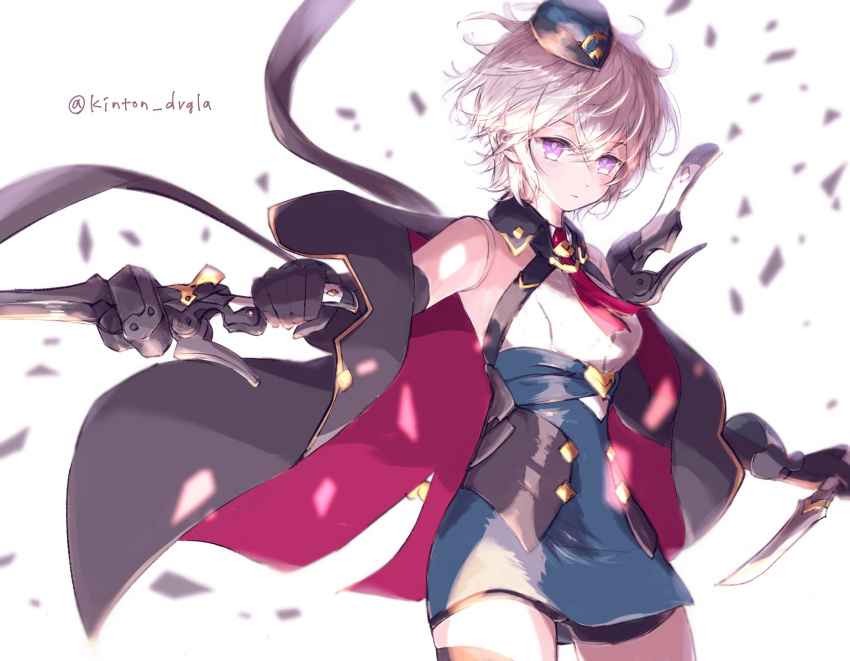 1girl bare_shoulders closed_mouth collared_shirt detached_sleeves doll_joints dragalia_lost grey_hair hair_between_eyes hat highres holding holding_sword holding_weapon joints kinton_drgla laxi_(dragalia_lost) looking_at_viewer mini_hat purple_eyes shirt short_hair sword upper_body weapon