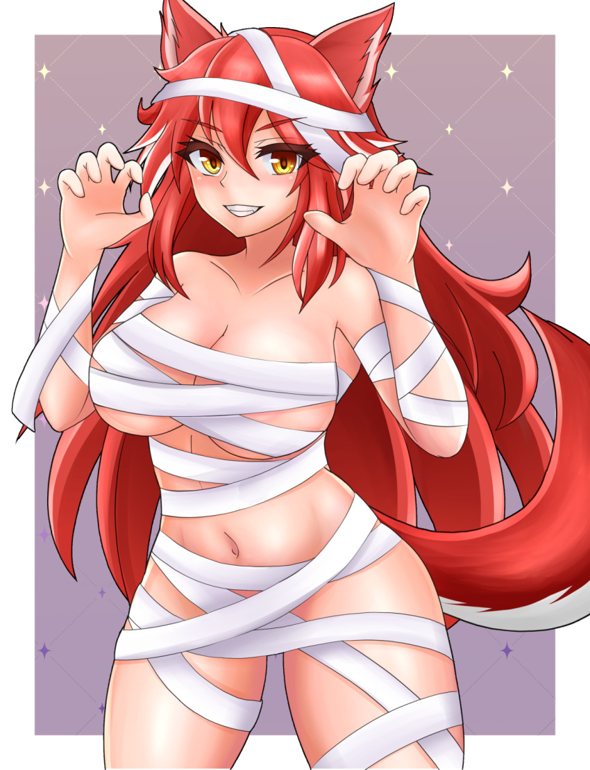 1girl animal_ears bandages blush claw_pose dashimoro eyebrows_visible_through_hair fangs fenrir_(last_origin) grin highres last_origin long_hair looking_at_viewer multicolored_hair naked_bandage navel red_hair smile solo streaked_hair tail two-tone_hair white_hair wolf_ears wolf_girl wolf_tail yellow_eyes