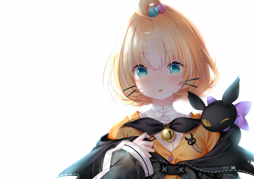 1girl animal_on_shoulder bangs bell black_bow black_jacket blonde_hair blue_hair bow cat cat_on_shoulder eyebrows_visible_through_hair jacket lucie_(millie_parfait) millie_parfait nijisanji nijisanji_en off_shoulder one_eye_closed orange_sweater portrait shirt short_hair solo sweater tied_hair virtual_youtuber whiskers white_background white_shirt zzz_(zzz00166403zzz)