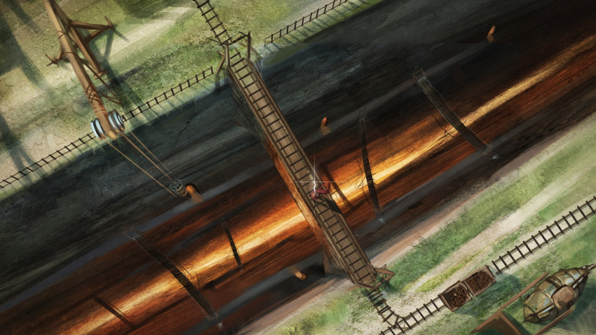 1boy absurdres animal bridge brown_hair cage cape commentary_request crane_(machine) entrance fantasy from_above highres ikasamahideo male_focus minecart molten_rock original railroad_tracks rock scenery solo wagon weapon