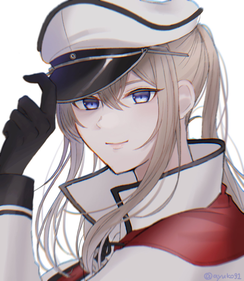 1girl ayuko91 black_gloves blonde_hair capelet closed_mouth commentary_request eyebrows_visible_through_hair gloves graf_zeppelin_(kancolle) hair_between_eyes hat highres kantai_collection long_hair long_sleeves peaked_cap portrait purple_eyes simple_background solo white_background white_headwear