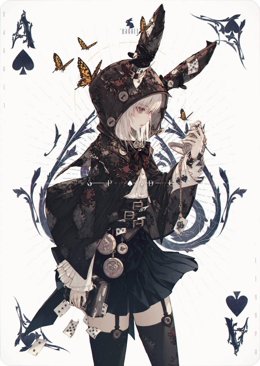 1girl absurdres ace_of_spades alice_in_wonderland animal_ears animal_hood bangs belt belt_buckle black_belt black_legwear black_skirt book brown_capelet buckle bug butterfly capelet card card_(medium) character_name commentary english_commentary eyebrows_visible_through_hair garter_straps hair_between_eyes highres holding holding_book holding_pocket_watch hood hooded_capelet long_sleeves looking_away looking_to_the_side original patches photoshop_(medium) playing_card playing_card_theme pleated_skirt pocket_watch profile rabbit_ears red_eyes shirt short_hair simple_background skirt solo standing thighhighs wanke watch white_hair white_rabbit_(alice_in_wonderland) white_shirt yellow_butterfly