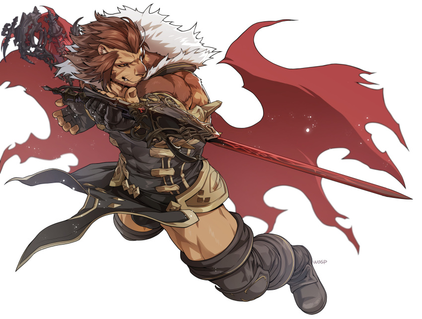 1boy absurdres animal_ears avatar_(ffxiv) bara boots brown_fur cape character_request clothes_lift commission fangs fighting_stance final_fantasy from_above full_body fur-trimmed_cape fur_trim furry furry_male highres holding holding_sword holding_weapon lion_boy lion_ears male_focus muscular muscular_male pelvic_curtain pelvic_curtain_lift red_cape rossciaco short_hair solo sword thigh_boots thighhighs weapon whiskers white_background wind
