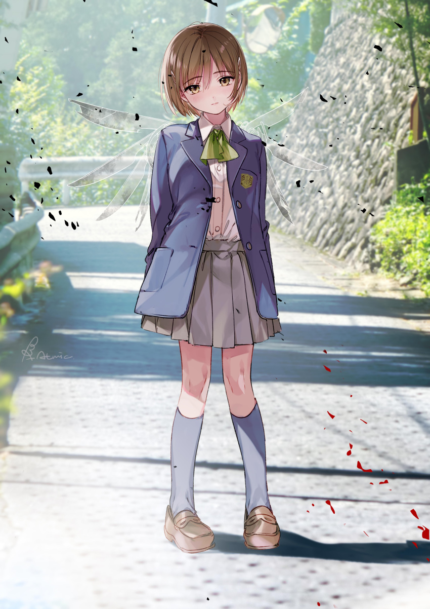 1girl absurdres almic arms_at_sides arms_behind_back artist_name blue_jacket blue_legwear blush bow bowtie broken_glass brown_eyes brown_hair bug chise_(saishuu_heiki_kanojo) damaged dot_nose eyebrows_visible_through_hair eyes_visible_through_hair frown glass head_tilt highres jacket knife looking_at_viewer machinery open_clothes open_jacket photo-referenced pleated_skirt road saishuu_heiki_kanojo school_uniform signature skirt socks solo standing tree tree_shade