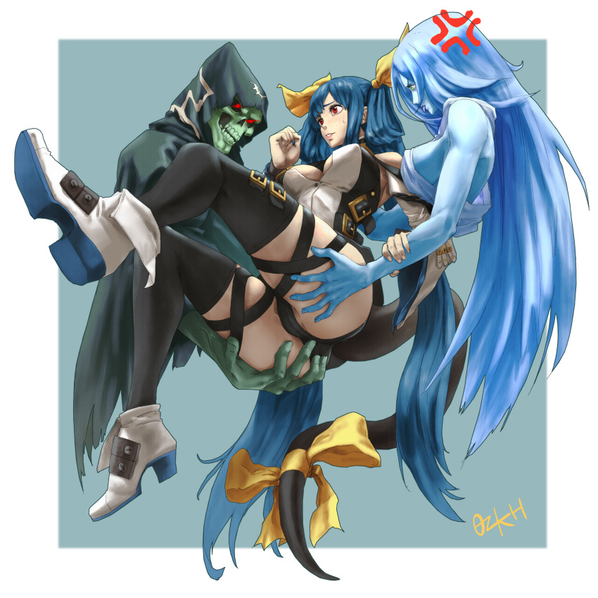 1boy 2girls anger_vein angry artist_name ass belt blue_hair blush breasts cameltoe carrying cleavage dizzy_(guilty_gear) glowing glowing_eyes green_background guilty_gear guilty_gear_xrd hair_ribbon hair_rings high_heels highres large_breasts monster_girl multiple_belts multiple_girls necro_(guilty_gear) ozkh partially_visible_vulva red_eyes ribbon sideboob skeleton skull sweatdrop tail tail_ornament tail_ribbon thigh_strap thighhighs thighs tongue tongue_out twintails undine_(guilty_gear)