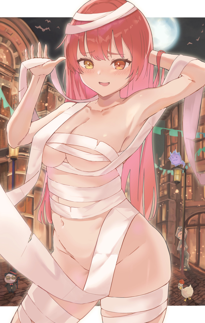 1girl absurdres arm_behind_head armpits ayama_nano bandaged_leg bandages bangs blush breasts collarbone commentary cowboy_shot english_commentary full_moon groin hand_in_hair heterochromia highres hololive houshou_marine large_breasts letterboxed long_hair looking_at_viewer moon naked_bandage navel night outdoors outside_border red_eyes red_hair shiranui_(nakiri_ayame) smile string_of_flags subaru_duck very_long_hair virtual_youtuber yellow_eyes