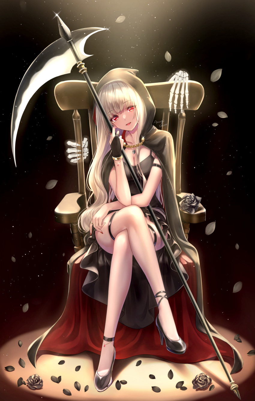 1girl absurdres amagi_shino bangs black_background black_footwear breasts chair cleavage crossed_legs eyebrows_visible_through_hair full_body high_heels highres hood large_breasts looking_at_viewer nail_polish original parted_lips petals red_eyes red_nails scythe sitting skeletal_hand smile solo thigh_strap thighs