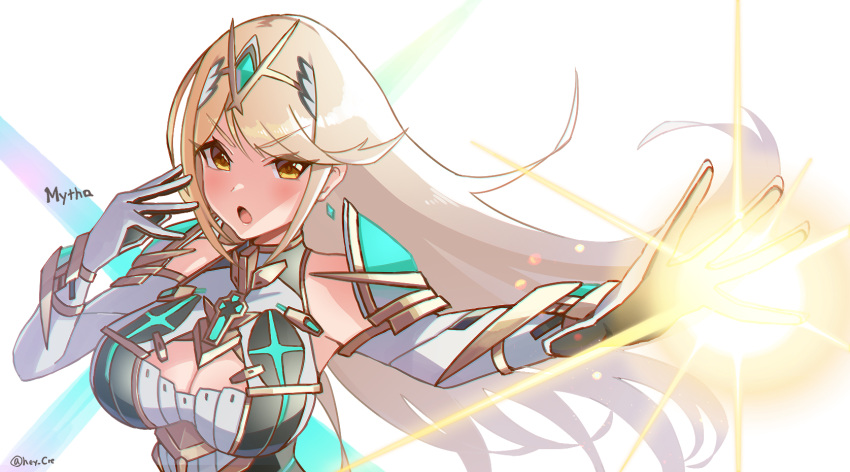 1girl bangs bare_shoulders blonde_hair breasts chest_jewel cleavage cleavage_cutout clothing_cutout dress earrings elbow_gloves gloves hey_cre highres jewelry large_breasts long_hair mythra_(xenoblade) short_dress swept_bangs tiara very_long_hair white_dress white_gloves xenoblade_chronicles_(series) xenoblade_chronicles_2 yellow_eyes