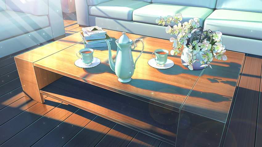 coffee_table commentary_request couch cup flower flowerpot highres indoors living_room no_humans original scenery teacup teapot white_flower wooden_floor xingzhi_lv