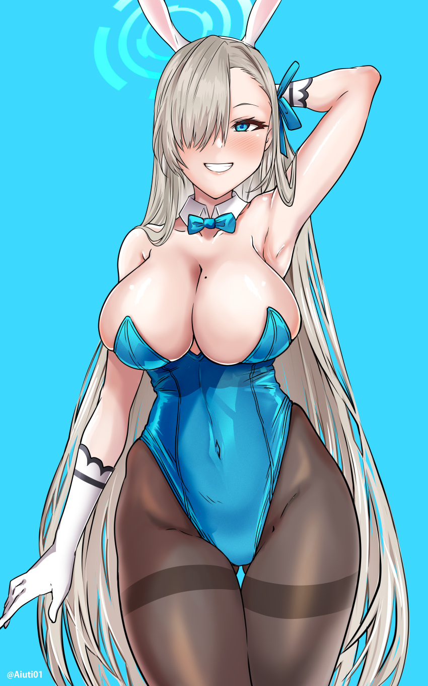 1girl absurdres aiuti animal_ears aqua_background arm_behind_head ass_visible_through_thighs asuna_(blue_archive) black_legwear blue_archive blue_bow blue_bowtie blue_eyes blue_leotard bow bowtie breasts cleavage covered_navel cowboy_shot detached_collar fake_animal_ears gloves grin hair_over_one_eye halo highleg highleg_leotard highres large_breasts leotard light_brown_hair mole mole_on_breast pantyhose playboy_bunny rabbit_ears smile solo strapless strapless_leotard thighband_pantyhose white_gloves