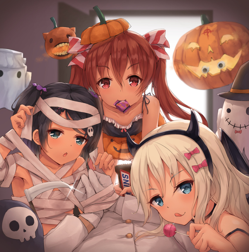 3girls admiral_(kancolle) alternate_costume aqua_eyes bandaged_arm bandages black_hair black_hairband blonde_hair blue_eyes blush bow breasts brown_eyes brown_hair candy chupa_chups closed_mouth collarbone dress fake_horns food ghost gloves grecale_(kancolle) green_eyes hair_between_eyes hair_bow hair_ornament hair_ribbon hairband halloween halloween_costume happy_halloween hat highres holding holding_candy holding_food holding_lollipop horns jack-o'-lantern k_jie kantai_collection libeccio_(kancolle) lollipop long_hair looking_at_viewer lying military military_uniform mouth_hold multiple_girls mummy mummy_costume naked_bandage naval_uniform official_alternate_costume on_stomach open_mouth orange_shorts pink_bow pumpkin pumpkin_hat red_eyes ribbon sarashi scirocco_(kancolle) scythe short_hair shorts skull_hair_ornament smile snickers swirl_lollipop tan tanlines tongue tongue_out trick_or_treat twintails two_side_up uniform witch_hat