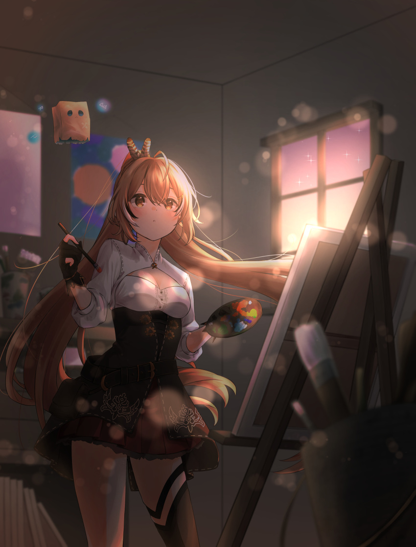 1girl absurdres ahoge bangs black_gloves black_skirt breasts brown_eyes brown_hair brown_legwear canvas_(object) commentary_request easel feather_hair_ornament feathers friend_(nanashi_mumei) gloves hair_between_eyes hair_ornament high-waist_skirt highres holding holding_paintbrush holding_palette hololive hololive_english indoors long_hair long_sleeves looking_away medium_breasts nanashi_mumei nenu_1583 paintbrush palette_(object) partially_fingerless_gloves shirt single_thighhigh skirt solo standing thighhighs very_long_hair virtual_youtuber white_shirt window