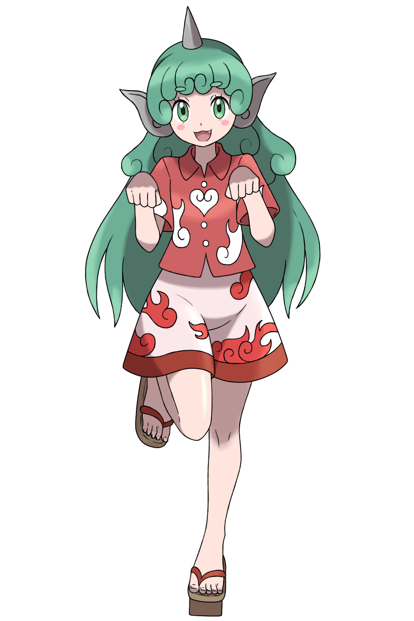 1girl absurdres aqua_hair asatsuki_(fgfff) blush buttons cloud_print commentary_request curly_hair eyebrows_visible_through_hair eyelashes fang full_body geta green_eyes heart highres horns kariyushi_shirt komainu komano_aunn long_hair nail_polish open_mouth parody paw_pose red_shirt shirt short_hair shorts simple_background single_horn style_parody sugimori_ken_(style) thick_eyebrows touhou white_background white_shorts