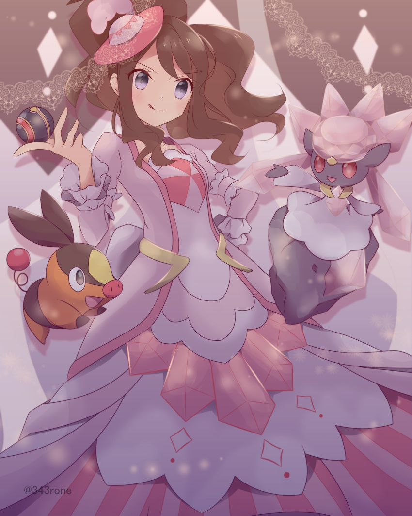 1girl 343rone :q absurdres bangs brown_hair closed_mouth commentary_request diancie dress grey_eyes hand_up hat highres hilda_(pokemon) holding holding_poke_ball long_hair luxury_ball mini_hat official_alternate_costume pink_headwear poke_ball pokemon pokemon_(creature) pokemon_(game) pokemon_masters_ex sidelocks smile tepig tongue tongue_out twitter_username