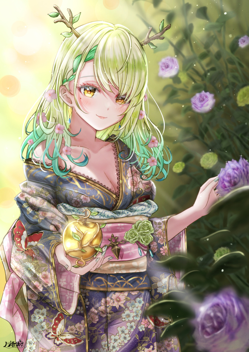 1girl absurdres apple bangs braid breasts bug butterfly ceres_fauna cleavage collarbone english_commentary floral_print flower food fruit golden_apple green_hair green_nails hair_branch hair_flower hair_ornament hands_up highres holding holding_food holding_fruit hololive hololive_english japanese_clothes kimono long_hair mole mole_under_eye nori_chazuke obi obiage off_shoulder rose sash single_braid smile solo standing swept_bangs upper_body virtual_youtuber yellow_eyes