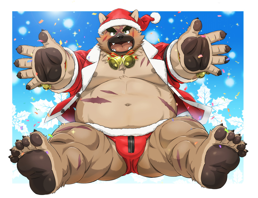 1boy abs animal_ears animal_hands bara bare_pectorals bell belly blush briefs brown_fur bulge fat fat_man fox_boy fox_ears full_body fur-trimmed_legwear fur_trim furry furry_male green_eyes hat imminent_hug jacket large_pectorals looking_at_viewer male_focus male_underwear muscular muscular_male navel neck_bell nipples official_alternate_costume open_clothes open_jacket pectorals rossciaco santa_costume santa_hat scar scar_on_chest scar_on_leg solo stomach thick_eyebrows thick_thighs thighs tokyo_afterschool_summoners underwear yasuyori_(housamo)