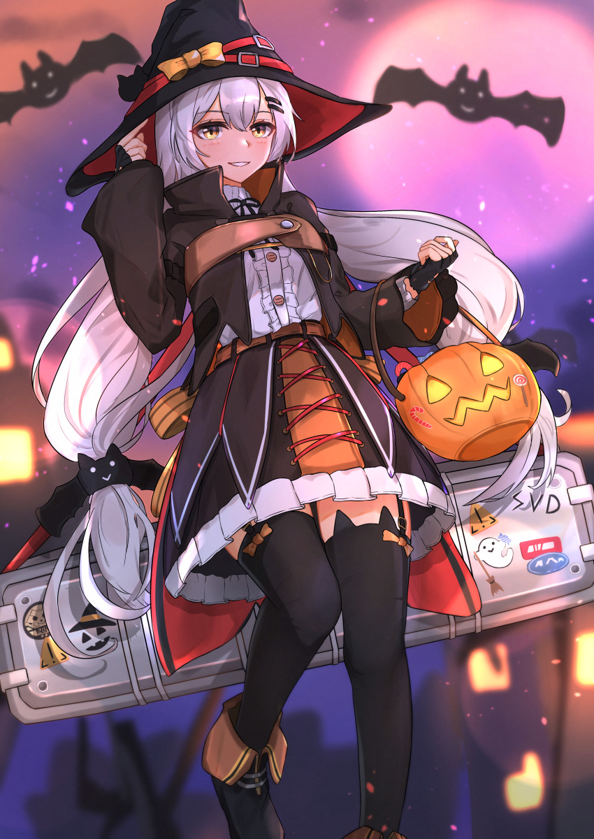 1girl absurdres black_gloves black_headwear black_legwear fingerless_gloves garter_straps girls'_frontline gloves grey_hair halloween_costume highres long_hair long_sleeves low_twintails muteppona_hito solo svd_(girls'_frontline) thighhighs twintails very_long_hair weapon_case witch yellow_eyes