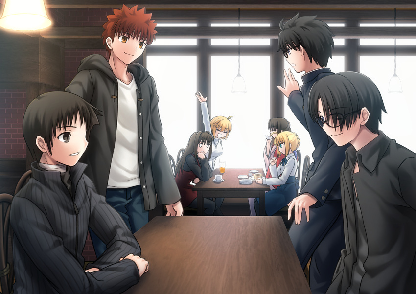 4boys 4girls ahoge aozaki_aoko arcueid_brunestud artoria_pendragon_(fate) bangs black_hair blonde_hair blouse blue_eyes breasts brown_eyes brown_hair commentary creator_connection cup dress emiya_shirou eyebrows_visible_through_hair fate/stay_night fate_(series) food gakuran glasses green_eyes haagen-dazs hair_between_eyes hair_bun hair_intakes hair_ribbon hetero jacket japanese_clothes kara_no_kyoukai kimono kokutou_mikiya large_breasts long_hair long_sleeves mahou_tsukai_no_yoru medium_breasts migiha multiple_boys multiple_girls orange_hair ponytail red_eyes red_jacket ribbon ryougi_shiki saber school_uniform shirt shizuki_soujuurou short_hair sidelocks skirt smile sweater sword tohno_shiki trait_connection tsukihime tsukihime_(remake) turtleneck type-moon weapon white_shirt yellow_eyes