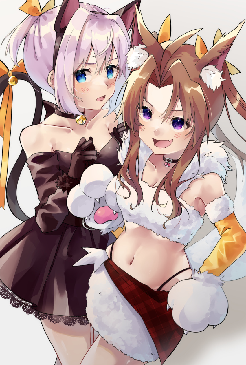 2girls animal_ears animal_hands bell belt belt_buckle black_belt black_choker black_dress black_gloves blue_eyes blush brown_hair buckle cat_ears cat_tail choker collarbone dress eyebrows_visible_through_hair fake_animal_ears fang gloves hair_between_eyes halloween halloween_costume heart-shaped_lock heart_lock_(kantai_collection) highres jingle_bell kagerou_(kancolle) kantai_collection long_hair long_sleeves multiple_girls navel neck_bell off-shoulder_dress off_shoulder open_mouth paw_gloves pink_hair ponytail purple_eyes shiranui_(kancolle) short_hair smile tail tail_bell tail_ornament twintails u_yuz_xx