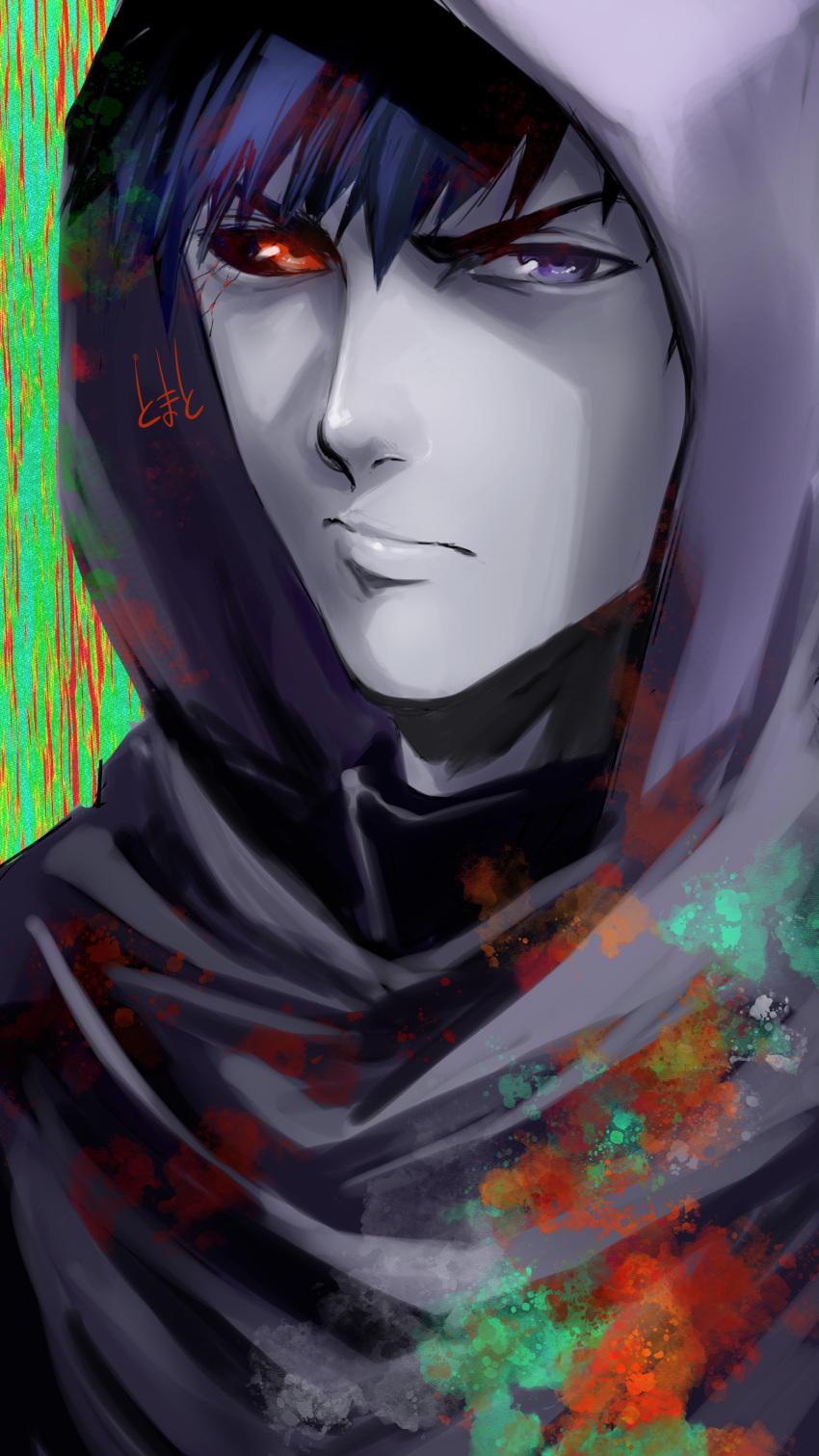 1boy absurdres amon_koutarou bangs black_hair black_robe blue_eyes closed_mouth commentary_request green_background highres hood hood_up hooded_robe male_focus multicolored_background red_background red_eyes serious short_hair solo tokyo_ghoul tokyo_ghoul:re tomato_(akait0mat0) upper_body