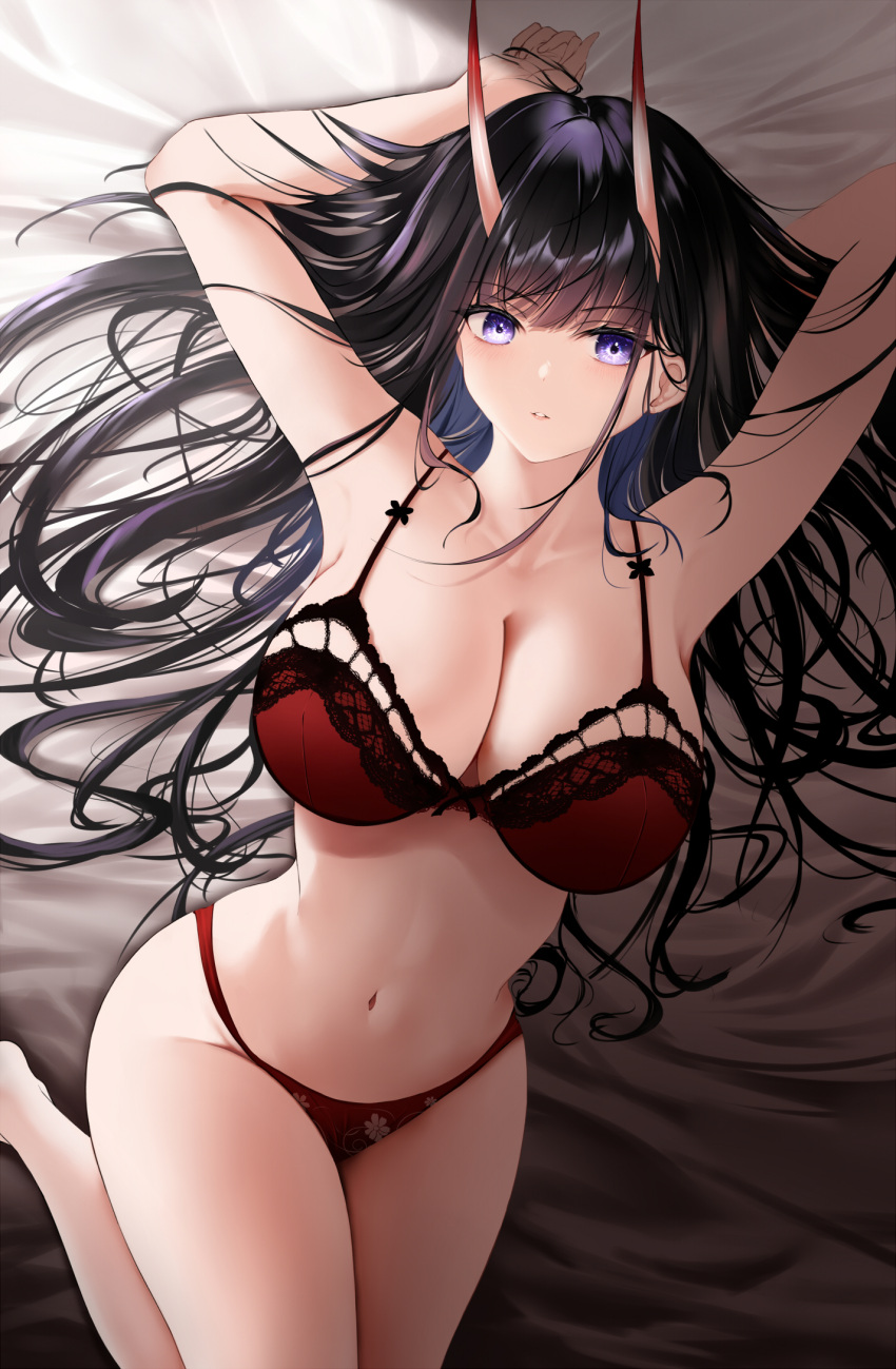 1girl alternate_breast_size armpits arms_up azur_lane bare_legs bed_sheet black_hair blush bra breasts cleavage collarbone commentary feet_out_of_frame highres horns knee_up large_breasts lingerie long_hair looking_at_viewer lying navel noshiro_(azur_lane) on_back on_bed oni_horns panties parted_lips purple_eyes red_bra red_panties skin-covered_horns solo stomach symbol-only_commentary underwear underwear_only very_long_hair xi_ying