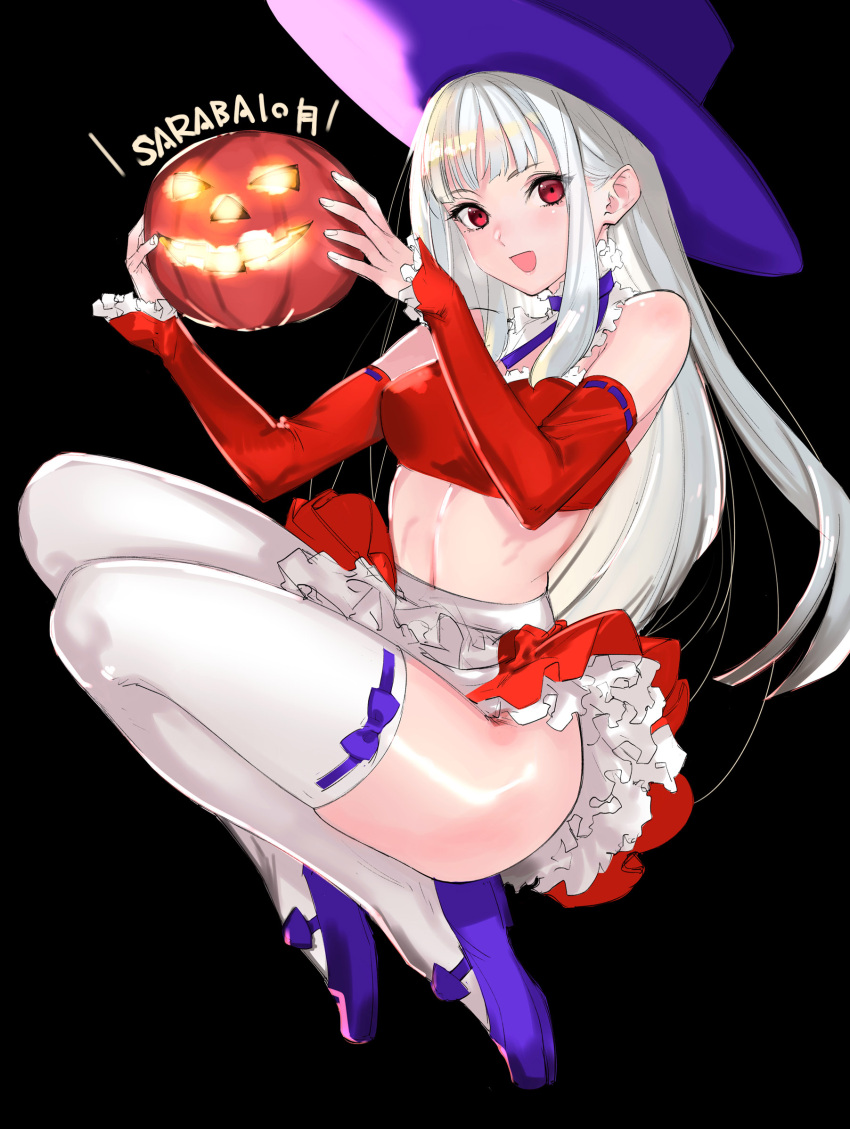 1girl :d bangs bare_shoulders black_background breasts capcom_fighting_jam detached_sleeves frills hat highres ingrid_(capcom) jack-o'-lantern long_hair looking_at_viewer midriff red_eyes simple_background skirt smile solo tetsu_(kimuchi) thighhighs white_hair white_legwear witch_hat