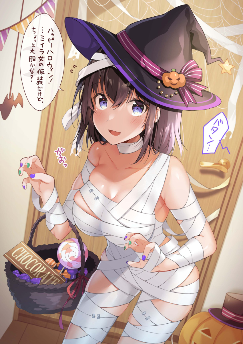 1girl :d bangs basket black_hair black_headwear blue_eyes blush breasts candy cleavage collarbone commentary english_text engrish_text eyebrows_visible_through_hair flying_sweatdrops food green_nails hair_between_eyes halloween hat highres indoors jack-o'-lantern large_breasts lollipop looking_at_viewer multicolored_nails mummy_costume nail_polish original pennant purple_nails ranguage shiro_kuma_shake silk smile solo spider_web string_of_flags swirl_lollipop translated witch_hat