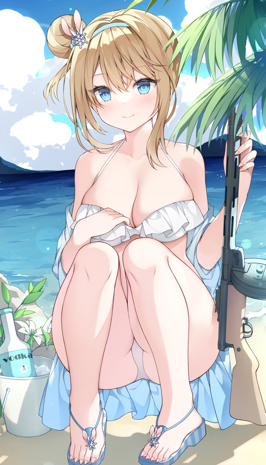 1girl alcohol bad_id bad_pixiv_id bikini blue_eyes blue_hairband bottle breasts chinese_commentary collarbone commentary_request day feet frilled_bikini frills girls'_frontline gun hair_ornament hairband highres ice_bucket jyt legs light_brown_hair long_hair medium_breasts one_side_up outdoors sandals sidelocks snowflake_hair_ornament solo submachine_gun suomi_(girls'_frontline) suomi_kp/-31 swimsuit thighs toes vodka weapon white_bikini