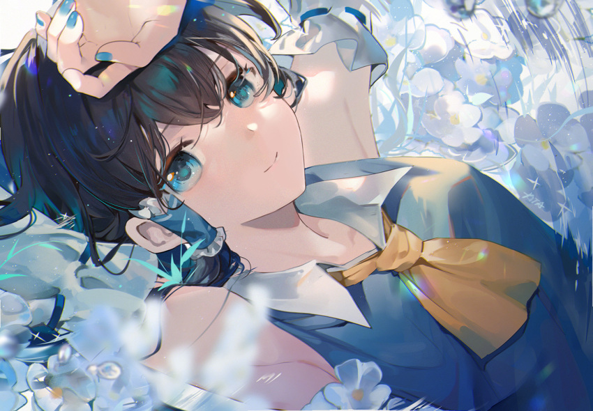 1girl alternate_color arm_up armpits ascot bangs bare_shoulders black_hair blue_dress blue_eyes blue_flower blue_nails breasts closed_mouth collar collared_dress commentary detached_sleeves dress elise_(piclic) eyebrows_visible_through_hair flower hair_between_eyes hakurei_reimu hand_up long_sleeves looking_at_viewer lying medium_breasts player_2 short_hair smile solo touhou water white_flower wide_sleeves yellow_neckwear
