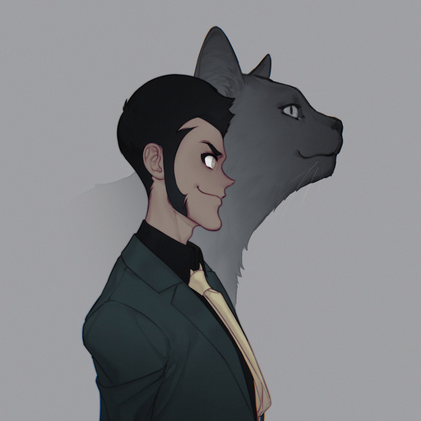 1boy arsene_lupin_iii black_hair cat formal green_jacket grey_background highres jacket looking_away lupin_iii profile red_eyes short_hair smile solo sonne431 suit yellow_neckwear