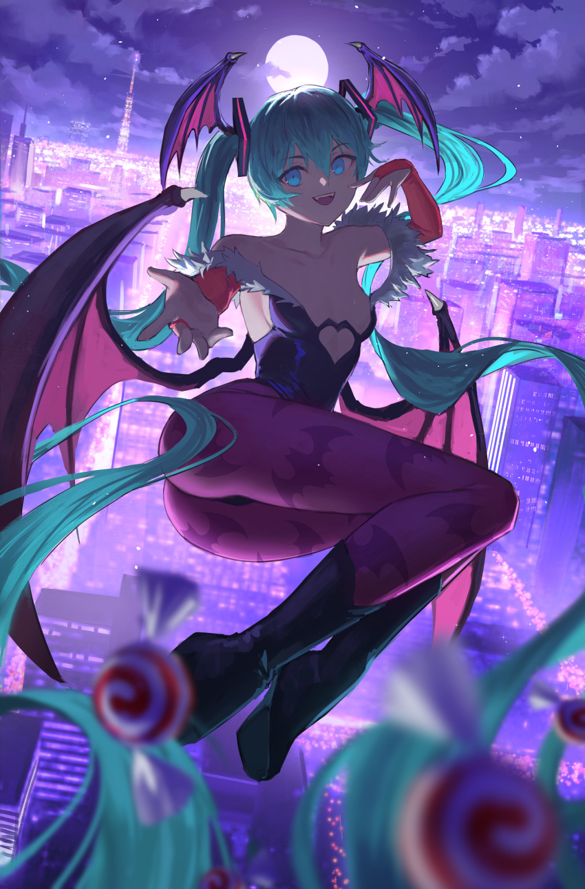 1girl :d animal_print aqua_hair ass backlighting bare_shoulders bat_print black_footwear black_leotard black_wings blue_eyes blurry blurry_foreground boots breasts bridal_gauntlets candy city clothing_cutout cloud collarbone commentary_request cosplay depth_of_field food full_moon hatsune_miku head_wings heart_cutout high_heel_boots high_heels highres knee_boots leotard long_hair looking_at_viewer mixed-language_commentary moon morrigan_aensland morrigan_aensland_(cosplay) night night_sky off-shoulder_leotard outdoors outstretched_arm pantyhose print_legwear purple_legwear sky small_breasts smile solo teeth twintails upper_teeth vampire_(game) vertigris very_long_hair vocaloid wings