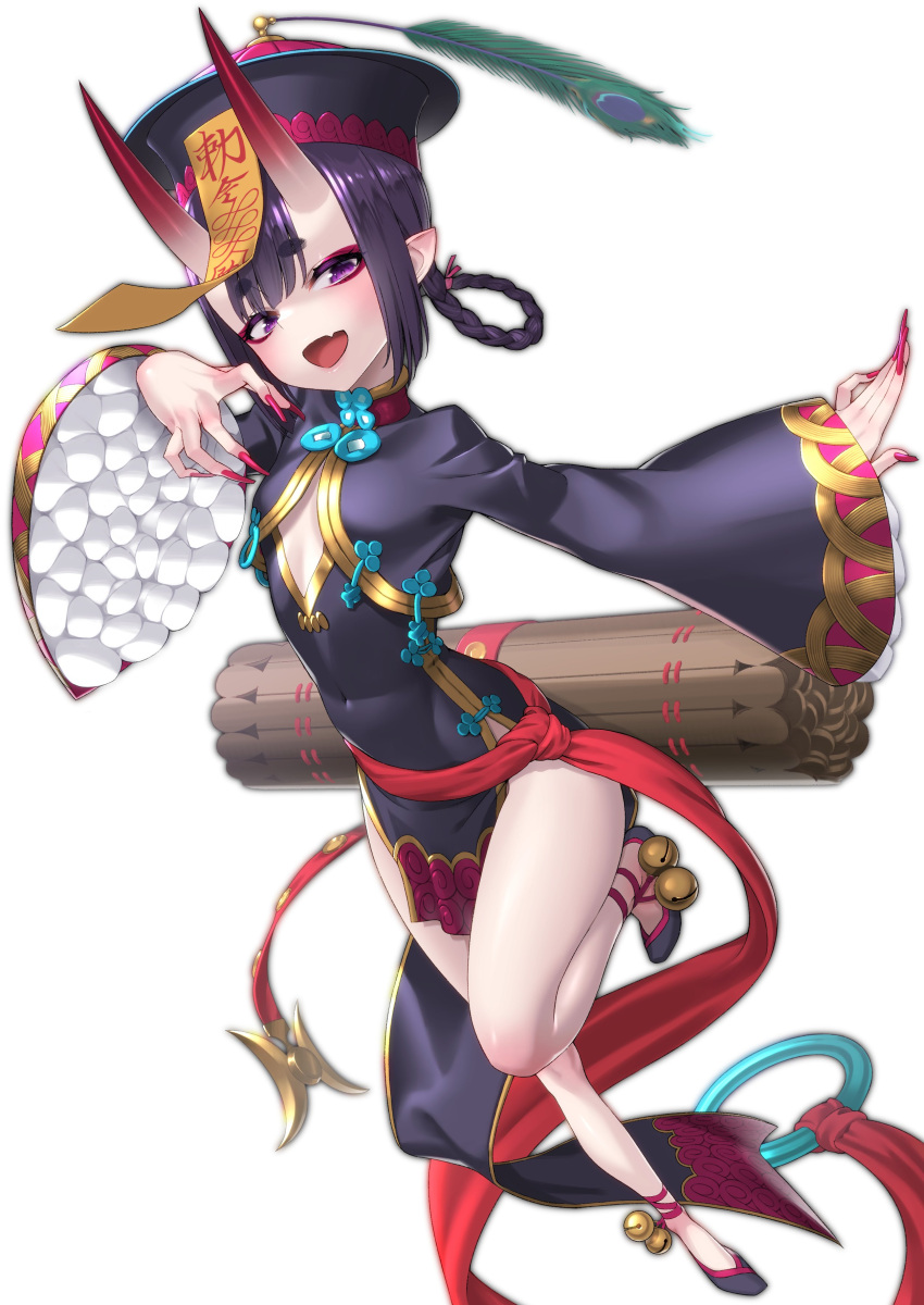 1girl :d absurdres bangs black_dress black_headwear blush bob_cut braid china_dress chinese_clothes cleavage_cutout clothing_cutout dress eyeliner fang fate/grand_order fate_(series) flat_chest frills hair_rings hat highres horns jiangshi long_sleeves looking_at_viewer makeup ofuda oni oni_horns open_mouth peacock_feathers pelvic_curtain pointy_ears purple_eyes purple_hair qing_guanmao saruchitan short_hair shuten_douji_(fate) shuten_douji_(festival_outfit)_(fate) skin-covered_horns skin_fang smile solo talisman thighs twin_braids wide_sleeves