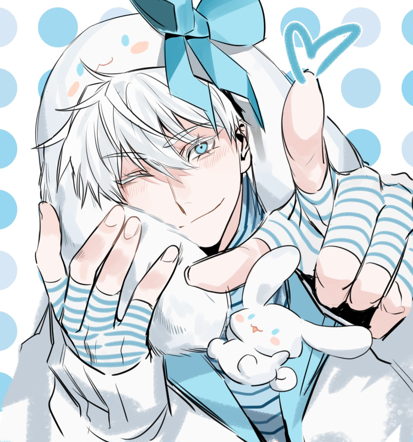 1boy absurdres bangs blue_bow blue_eyes blush bow cinnamoroll closed_mouth fingerless_gloves gloves gojou_satoru hair_between_eyes hands_up hat heart highres jacket jujutsu_kaisen looking_at_viewer male_focus one_eye_closed pointing pointing_at_viewer sanrio short_hair smile striped striped_gloves upper_body white_background white_gloves white_hair white_headwear white_jacket xxgojoxx