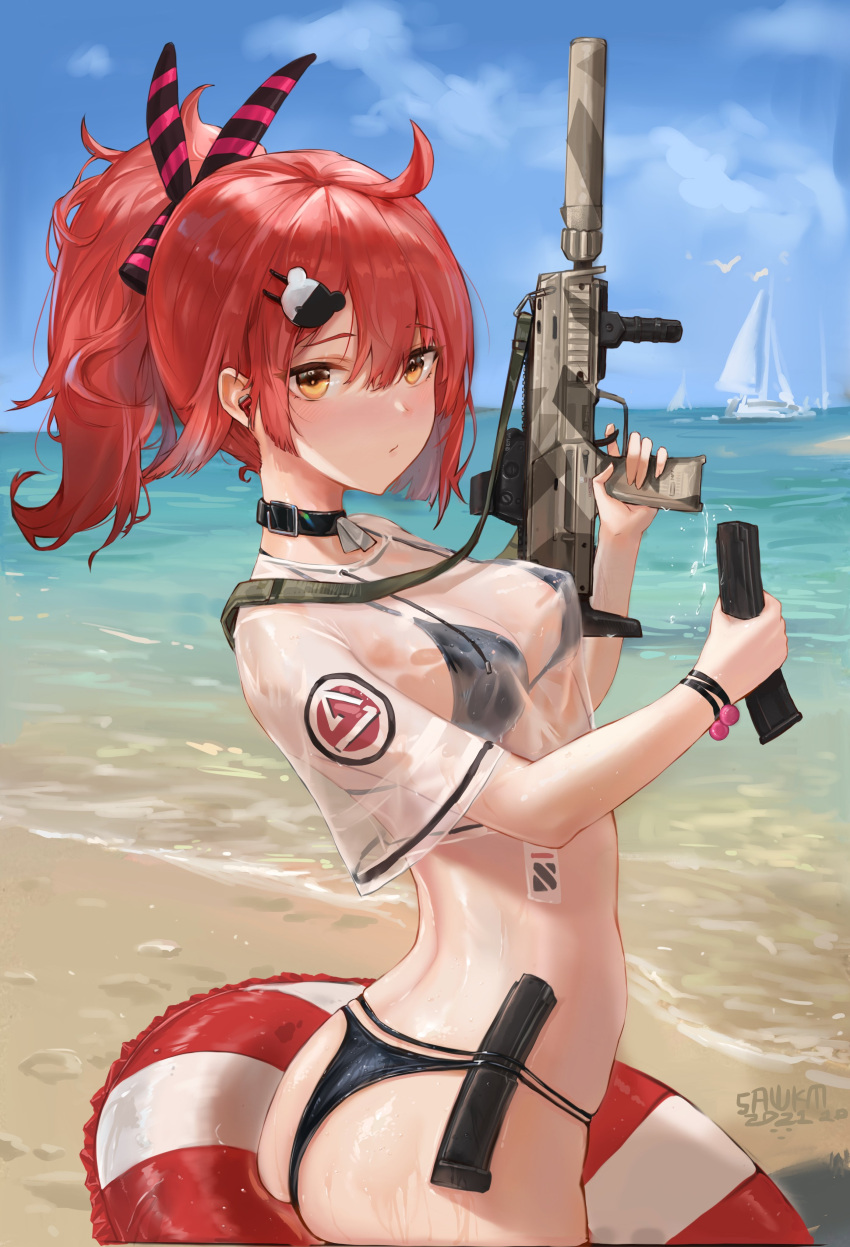 1girl absurdres ahoge ass bangs beach bikini black_bikini blush bracelet breasts camouflage choker commentary_request crop_top crop_top_overhang day dog_tags eyebrows_visible_through_hair foregrip girls'_frontline gun h&amp;k_mp7 hair_between_eyes hair_ornament hair_ribbon heckler_&amp;_koch highres holding holding_gun holding_weapon innertube jewelry logo looking_at_viewer magazine_(weapon) medium_breasts mp7_(girls'_frontline) official_alternate_costume outdoors ponytail red_hair ribbon sawkm see-through see-through_shirt sidelocks sling solo submachine_gun suppressor swimsuit weapon wet wet_clothes yellow_eyes