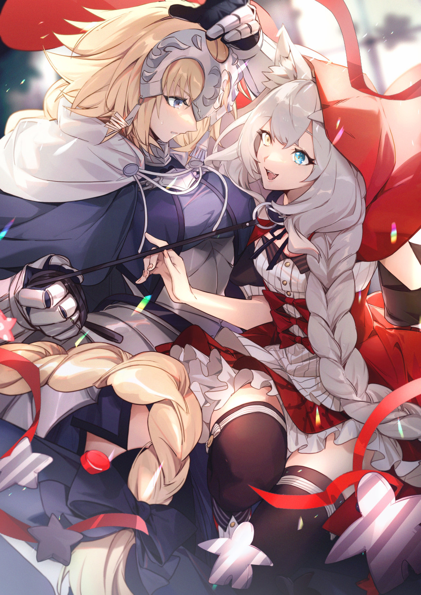 2girls absurdres animal_ears armor armored_dress bangs black_legwear blonde_hair blue_eyes braid braided_ponytail breasts chain cloak fate/apocrypha fate/grand_order fate_(series) gloves half_gloves headpiece highres jeanne_d'arc_(fate) jeanne_d'arc_(fate/apocrypha) large_breasts leash long_hair looking_at_another marie_antoinette_(fate) multiple_girls no-kan silver_hair single_braid smile thighhighs very_long_hair wolf_ears yuri