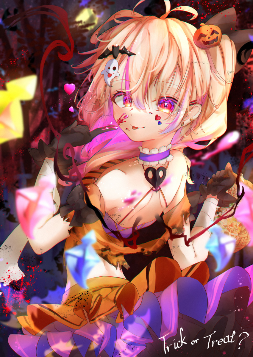 1girl :q absurdres ahoge alternate_costume bandages bangs bat_hair_ornament black_gloves blonde_hair blurry blurry_background branch breasts calpis118 choker crystal ear_piercing english_commentary english_text eyebrows_visible_through_hair flandre_scarlet food-themed_hair_ornament frilled_skirt frills ghost_hair_ornament gloves hair_between_eyes hair_ornament hairclip halloween halloween_bucket halloween_costume heart highres looking_at_viewer looking_back medium_breasts moon orange_skirt piercing pumpkin_hair_ornament red_eyes shoulder_blades skirt smile solo star-shaped_pupils star_(symbol) symbol-shaped_pupils tongue tongue_out touhou tree upper_body wings wrist_cuffs