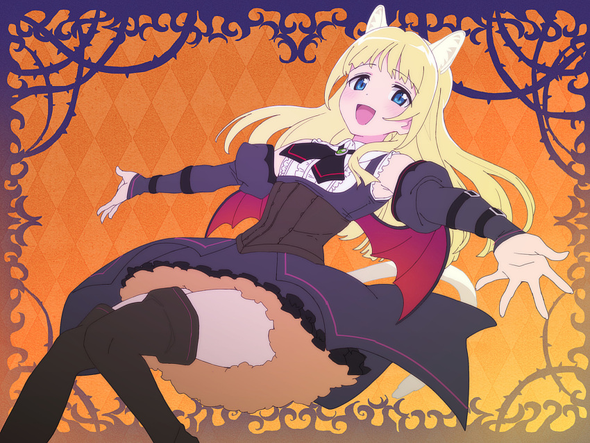 1girl :d animal_ear_fluff animal_ears argyle argyle_background bangs bare_shoulders black_dress black_legwear black_neckwear black_sleeves blonde_hair blue_eyes breasts center_frills collared_shirt commentary_request detached_sleeves dress eyebrows_visible_through_hair feet_out_of_frame frills juliet_sleeves long_hair long_sleeves original outstretched_arms puffy_sleeves shirt sleeveless sleeveless_dress sleeves_past_wrists small_breasts smile solo tail thighhighs tonbi very_long_hair white_shirt