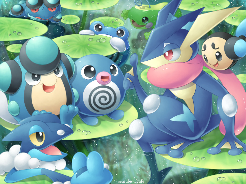 :d artist_name bright_pupils commentary_request day froakie frogadier greninja grey_eyes hand_up highres lily_pad open_mouth outdoors palpitoad pokemon pokemon_(creature) politoed poliwag poliwhirl sasabunecafe seismitoad shiny sitting smile swimming tongue twitter_username tympole water water_drop white_pupils