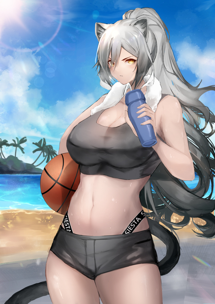 1girl absurdres animal_ears arknights ball bangs bare_arms bare_shoulders basketball black_shorts blue_sky breasts cat_ears cat_tail cleavage cloud commentary cowboy_shot crop_top day highres holding holding_ball large_breasts long_hair looking_at_viewer midriff navel outdoors ponytail schwarz_(arknights) short_shorts shorts silver_hair sky solo sports_bra standing stomach sun tail thighs towel towel_around_neck v-shaped_eyebrows very_long_hair yellow_eyes yujieai