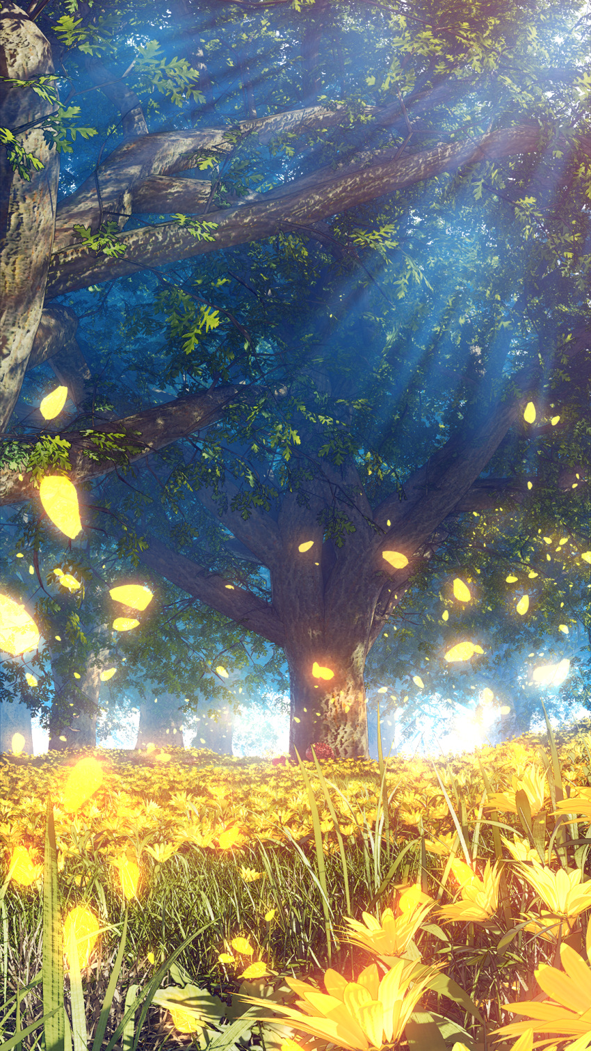 3d branch commentary_request day field flower flower_field forest grass hachio81 highres landscape leaf light_rays nature no_humans original outdoors petals scenery sunbeam sunlight tree tree_trunk
