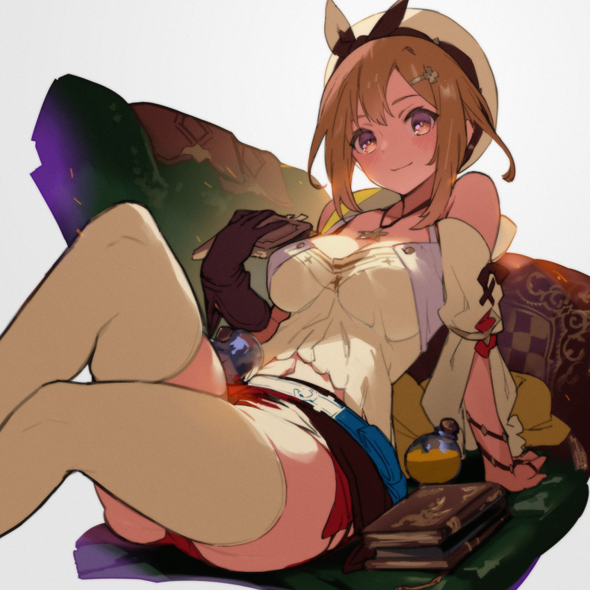 1girl atelier_(series) atelier_ryza beret book breasts brown_gloves brown_hair cleavage closed_mouth commentary_request gabu_(az210309) gloves grey_background hair_ornament hairclip hat highres holding holding_book jewelry looking_at_viewer medium_breasts necklace orange_eyes red_shorts reisalin_stout short_hair short_shorts shorts simple_background single_glove sitting smile solo star_(symbol) star_necklace thighhighs thighs white_headwear white_legwear