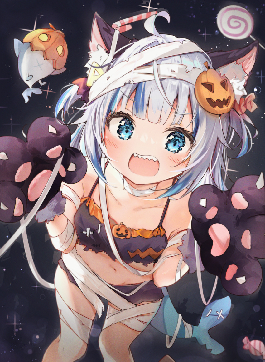 1girl ahoge animal_ear_fluff animal_ears animal_hands bandaged_arm bandaged_head bandaged_leg bandages bangs bare_shoulders bikini black_background black_bikini bloop_(gawr_gura) blue_eyes blunt_bangs blush candy candy_hair_ornament cat_ears cat_paws collarbone english_commentary feet_out_of_frame fish_tail food food-themed_hair_ornament from_above gawr_gura hair_ornament halloween highres hololive hololive_english lollipop long_hair looking_at_viewer multicolored_hair mummy_costume navel open_mouth pumpkin_hair_ornament seboneko shark_tail sharp_teeth silver_hair solo sparkle standing streaked_hair swimsuit tail teeth two_side_up virtual_youtuber