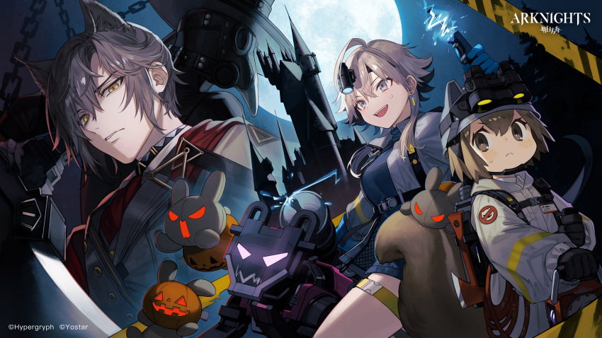 1boy 2girls :d absurdres ahoge animal_ears arknights bangs black_gloves brown_eyes brown_hair cat_ears full_moon gloves grey_eyes grey_hair grey_jacket highres jacket ji_mag_(artist) mayer_(arknights) mayer_(visionblazer_in_the_courtyard)_(arknights) moon multiple_girls night night_sky official_alternate_costume official_art phantom_(arknights) phantom_(dream_within_a_dreammare)_(arknights) shaw_(arknights) shaw_(cleansweeper_in_the_castle)_(arknights) short_hair sky smile squirrel_tail tail thigh_strap white_jacket yellow_eyes