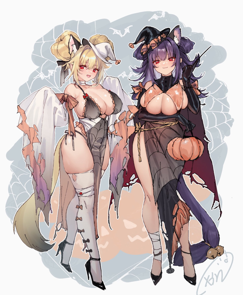 2girls animal_ears ass bandages blonde_hair breasts cat_ears cat_girl cat_tail cleavage double_bun dress elbow_gloves gloves halloween halloween_costume happy high_heels highres large_breasts looking_at_viewer multiple_girls obiwan open_mouth original plump purple_hair red_eyes revealing_clothes smile standing tail thick_thighs thighhighs thighs weisuoxin white_legwear