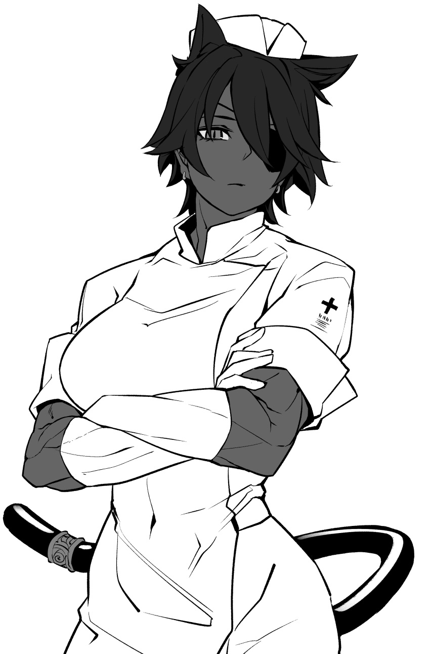 1girl absurdres animal_ears breasts cat_ears cat_girl cat_tail covered_navel cowboy_shot crossed_arms dark-skinned_female dark_skin desperado_(yotaro) earrings elbow_gloves eyepatch gloves greyscale hat highres jewelry large_breasts looking_at_viewer mao_(yotaro) monochrome muscular muscular_female nurse nurse_cap short_hair short_sleeves simple_background slit_pupils solo tail tail_ornament white_background yotaro